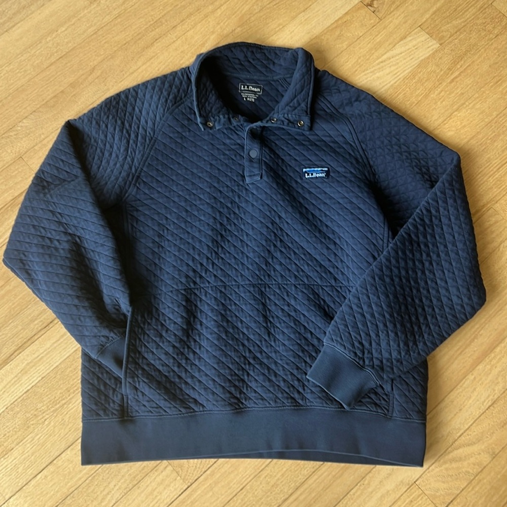 LL Bean Navy Quarter Snap Quilted Sweatshirt - Large